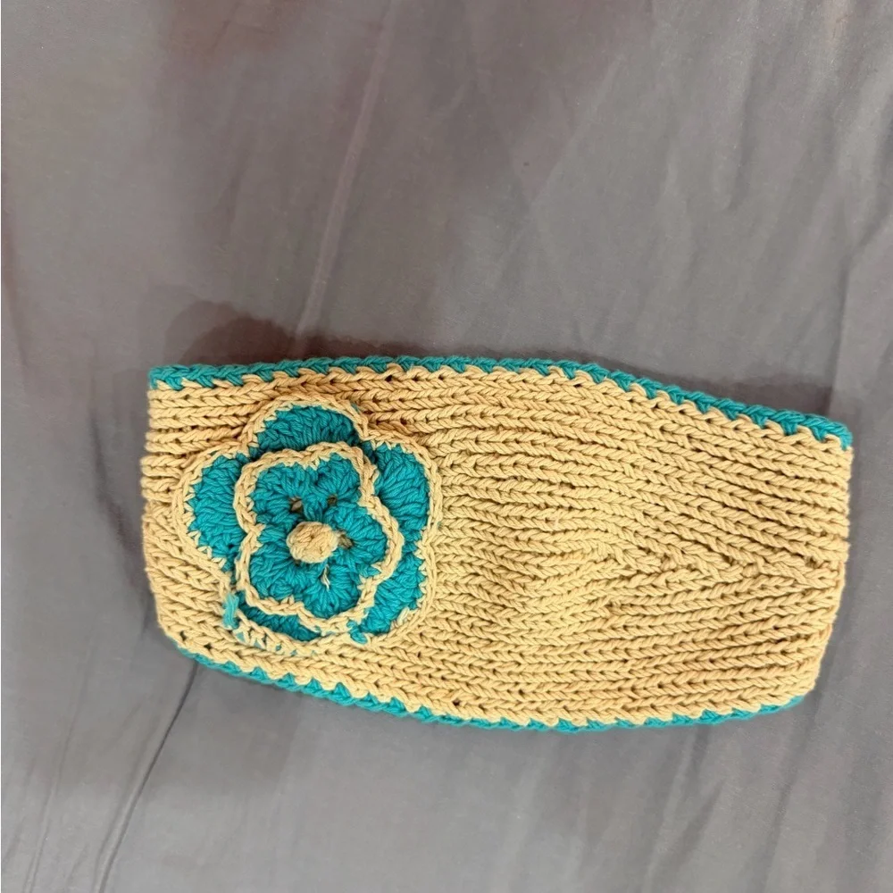 Beige and Teal Knit Headband with Flower
